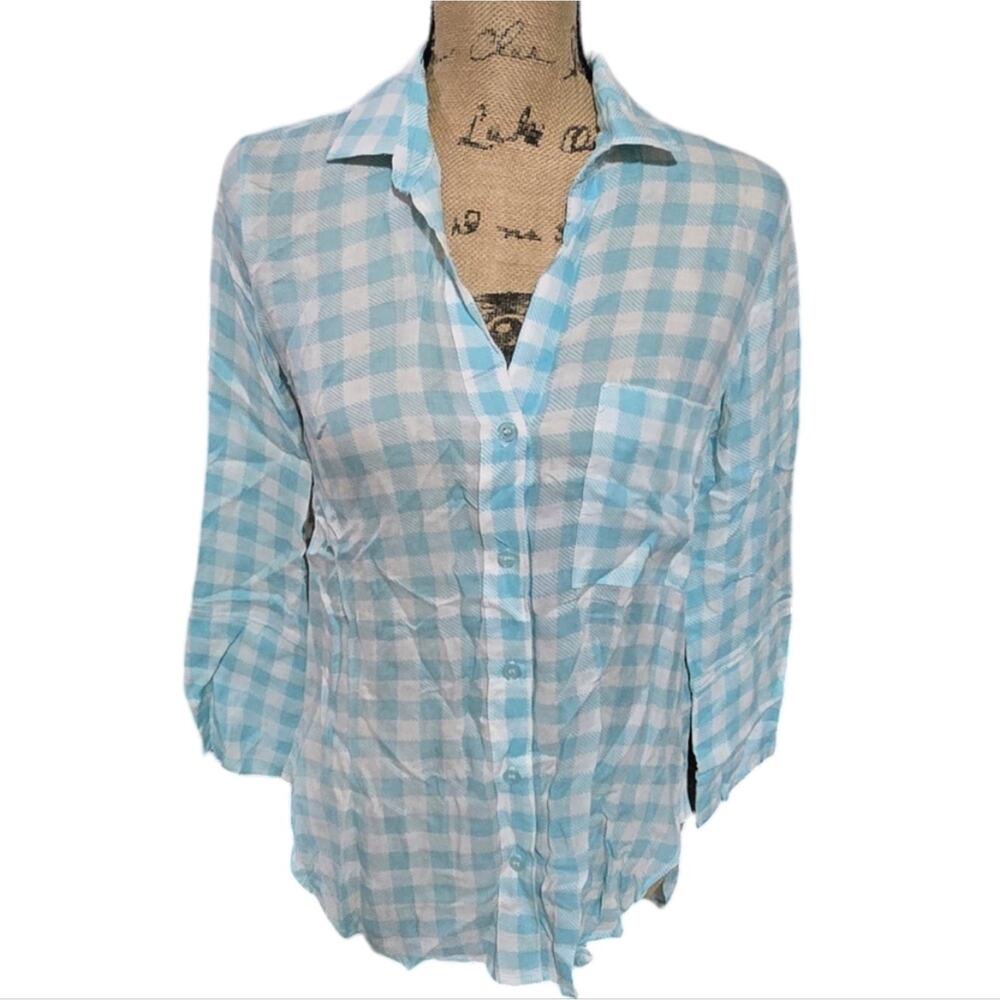 Bella Dahl Womens Gingham Button Down Shirt Light Blue White Rayon XS B2616-637
